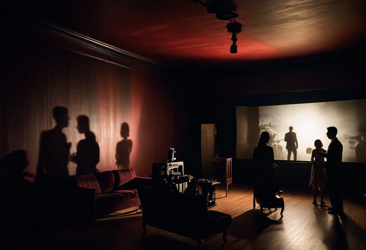 A mysterious, dimly-lit room with shadows dancing on the walls, featuring a vintage film projector projecting intimate scenes on a screen. Silhouettes of people watching in awe from the foreground, while hints of sensual decor like draped fabrics and soft lighting enhance the atmosphere. An element of curiosity in the air, inviting the viewer to explore further. surrealistic. rich colors. soft focus.