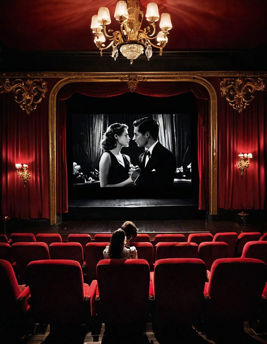 A captivating scene featuring a dimly lit vintage cinema adorned with plush red velvet seats, showcasing a large screen displaying artistic silhouettes of couples in intimate poses. The atmosphere is enhanced by soft, warm lighting and alluring decorations, evoking a sense of mystery and allure. In the foreground, a couple sharing a fleeting glance, suggesting intrigue and passion. super-realistic. moody ambiance. vintage style.